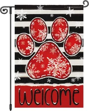 Winter Garden Flag Welcome Dog Pawprint 12X18 Inch Double Sided Snowflake Christ