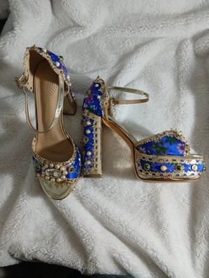 Azalea Wang Jeweled Platform Chunky Shoes 5.5'' Heels Blue Embroidered Floral 