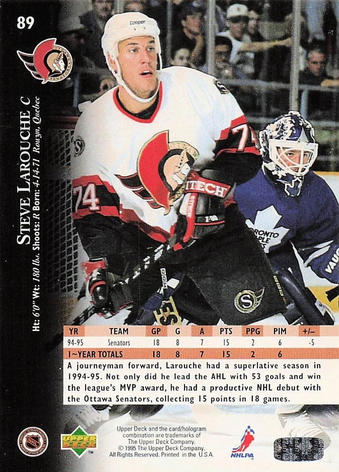 1995-96 Upper Deck - Steve Larouche #89 (RC) - Image 2 of 2