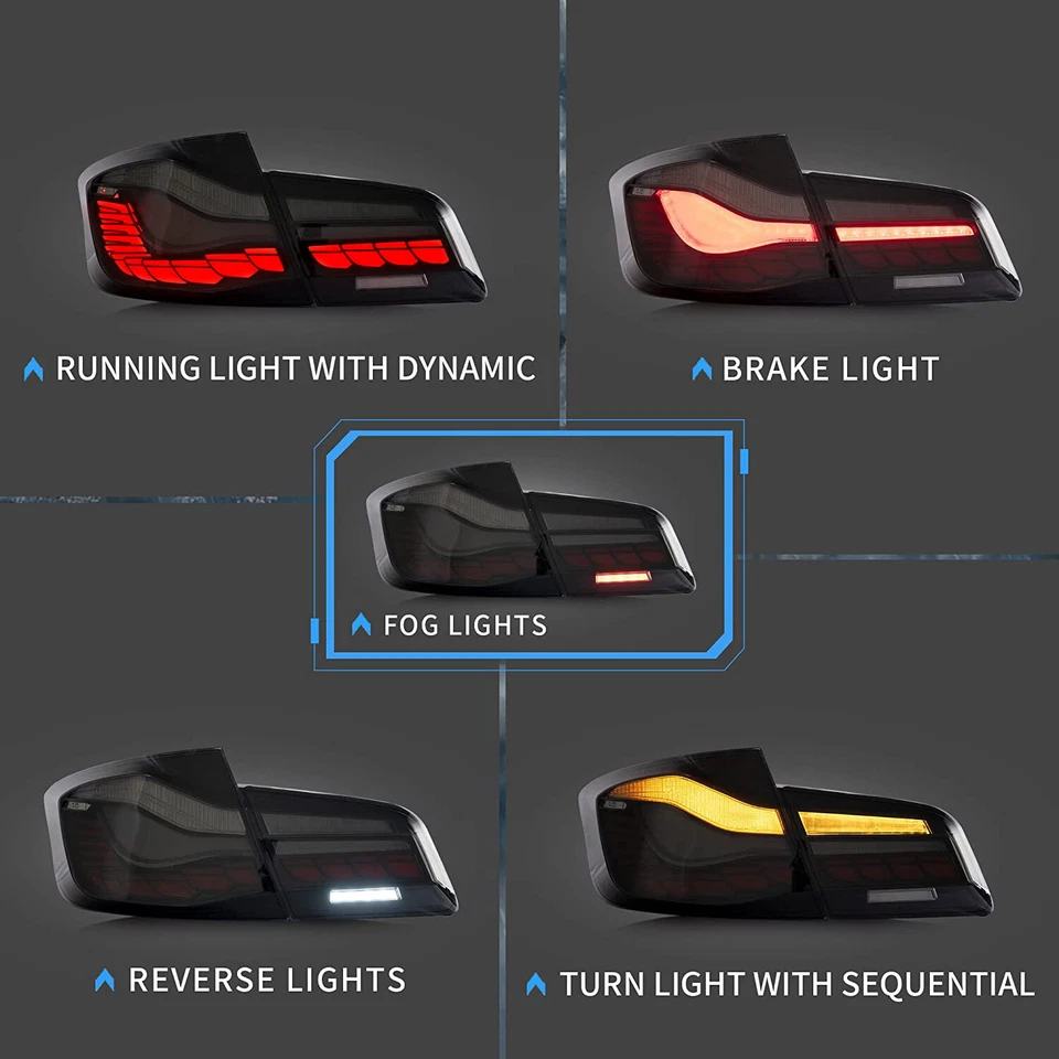 Par de luces traseras OLED GST ahumadas para BMW Serie 5 2010-2017 F10 F18 con animación Foto 3 de 4