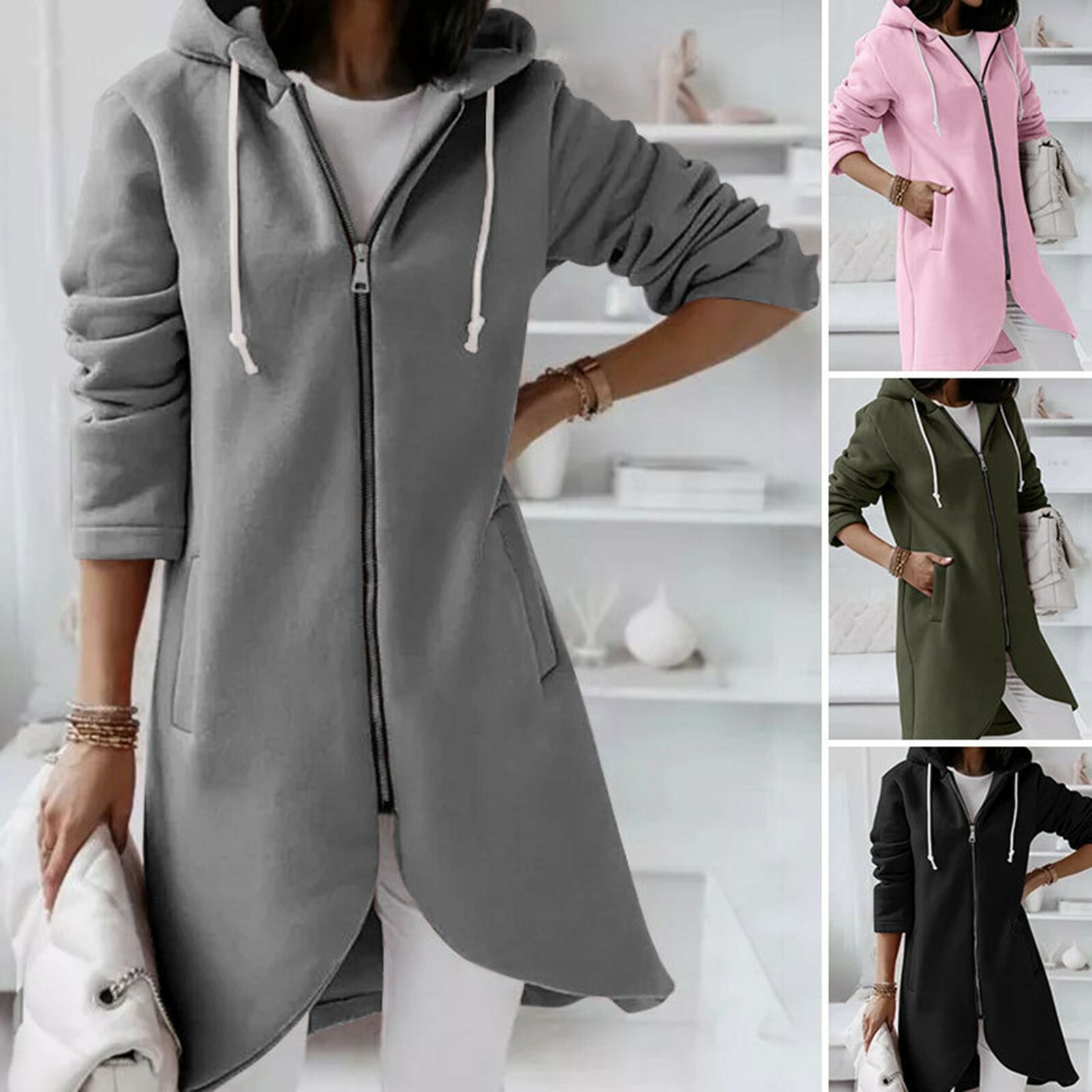 Womens Long Sleeve Zip Up Hooded Jacket Jumper Hoodie Cardigan Coat ...