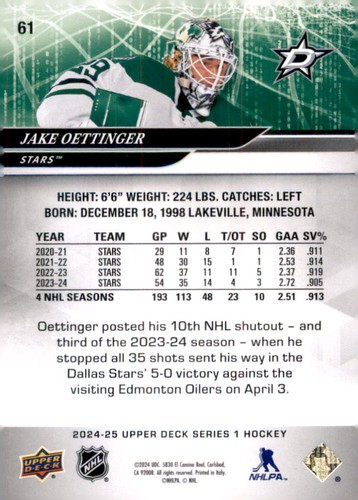 2024-25 Upper Deck #61 Jake Oettinger - Picture 2 of 2