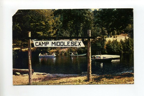 Ashby MA Mass vintage 1960's postcard, 4-H Camp Middlesex, raft, people, boats