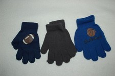 Boys 3 PAIR STRETCH GLOVES LOT Blue Gray Navy FOOTBALL BASKETBALL One Size
