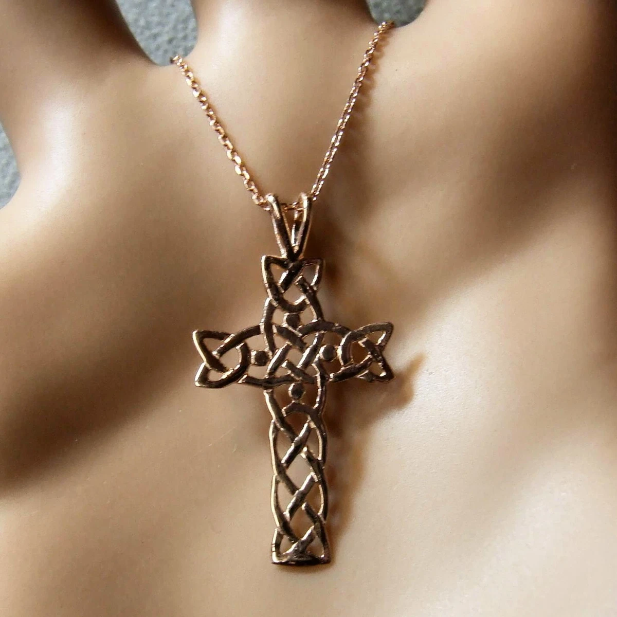9 ct ROSE GOLD new light celtic cross pendant chain eBay
