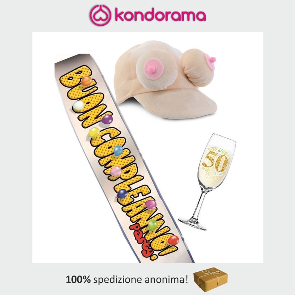 Fascia BUON COMPLEANNO con cappello tette e flûte 50 anni cinquantesimo per lui