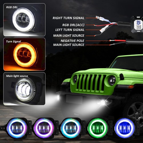 For Jeep Wrangler JL Gladiator JT 9" RGB Halo LED Headlights + Fog Lights Combo - Picture 16 of 19