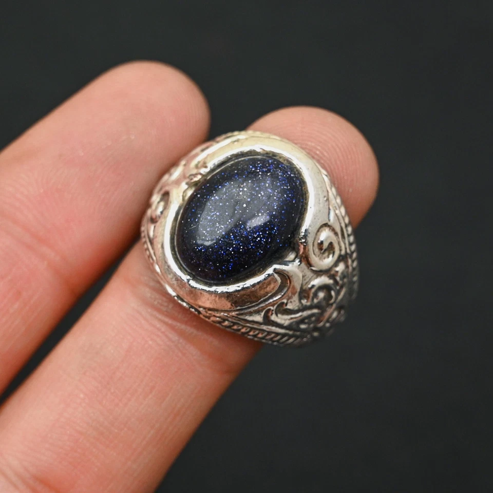 Anillo de plata de ley 925 azul de piedra solar para hombre hecho a mano-declaración todas las tallas-BJ29 Foto 4 de 4