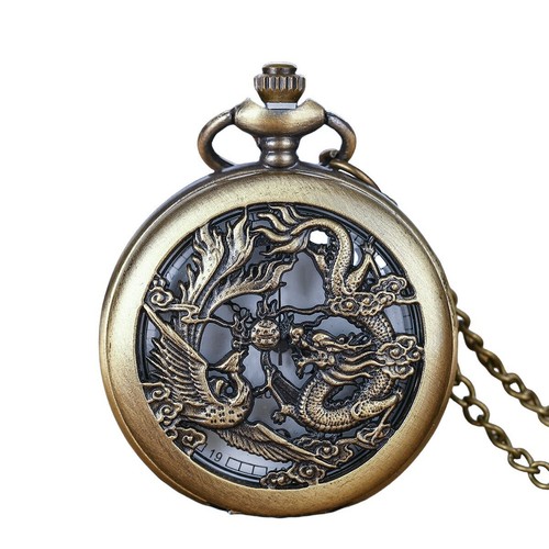 Vintage Pocket Watch Dragon Pattern Quartz Pocket Watch with Chain Analog Watch - Picture 3 of 6