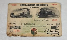 1928 Order of Railway Conductors of America Membership Card Southern RR Conduct