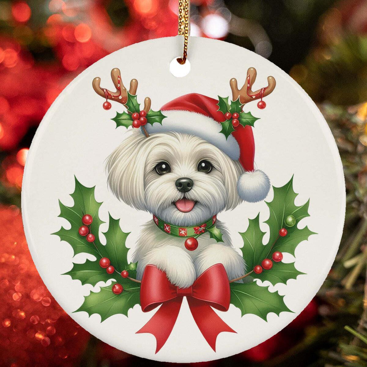 Funny Reindeer Maltese Dog Peeking Christmas Ornament Gift Tree Decor Hanging