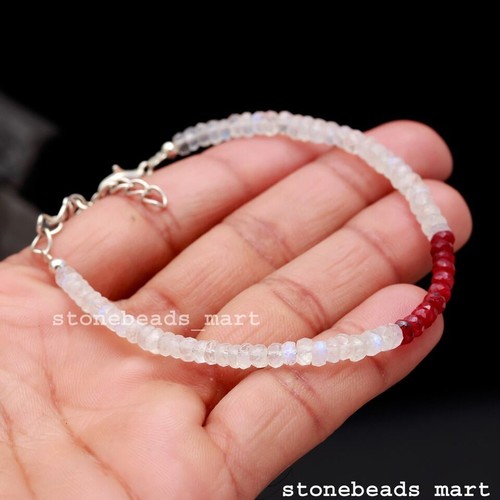 925 Sterling Silver Rainbow Moonstone+Corundum Ruby Jewelery Beads Bracelet 7" - Picture 4 of 10