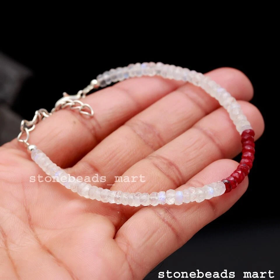 925 Sterling Silver Rainbow Moonstone+Corundum Ruby Jewelery Beads Bracelet 7" - Image 4 of 4