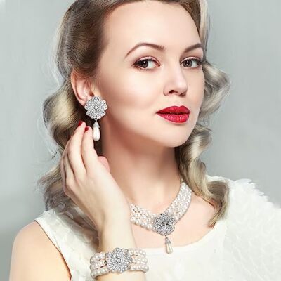 Imitation Perles Blanc Collier Perles Années 1920 - 3 Rangées Imitation Perle Rétro | Accessoire Femme Élégant Collier Costume Fête