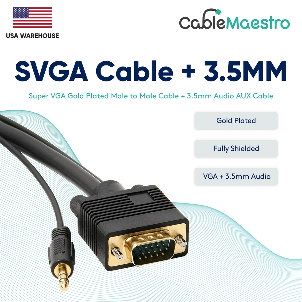 Super VGA SVGA 3.5mm Aux Audio Cable Video Male to Male Monitor Cord 15 Pin Lot - Image 2 of 3
