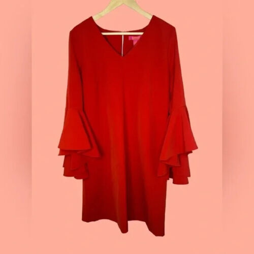 CATHERINE MALANDRINO Red Bell Sleeve Dress Size 12 Straight Cocktail