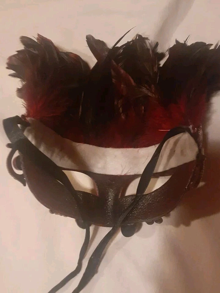 Feather Masquerade Party Mardi Gras MASK Real Gemstone Red Black Silver Beautifu - Image 3 of 4