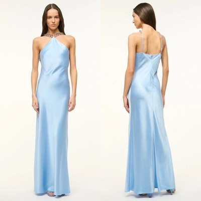 STAUD Cadence Embellished Satin Beaded Strap Maxi Dress Azure Blue NEW with tag