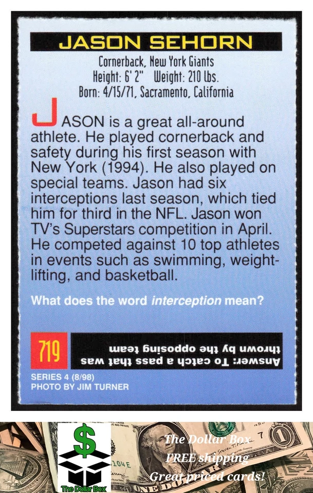 1998 Sports Illustrated for Kids #719 Jason Sehorn - New York Giants - Image 2 of 2