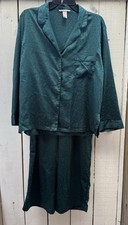 Victoria's Secret Green Star Silky Pajama Set L Button Down Long Sleeve Sleep