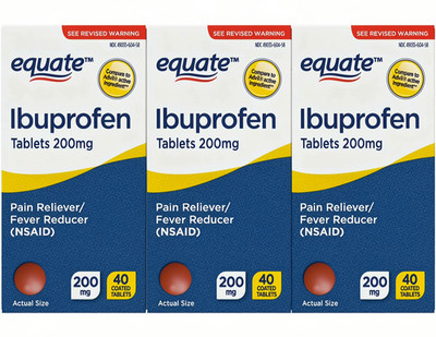 3 Pack Equate Ibuprofen Pain Reliever and Fever Reducer Tablets 200 mg, 40 Ct Ea