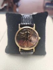 Dufonte Lucien Piccard Liberty Coin Wristwatch Gold Toned With Black Band