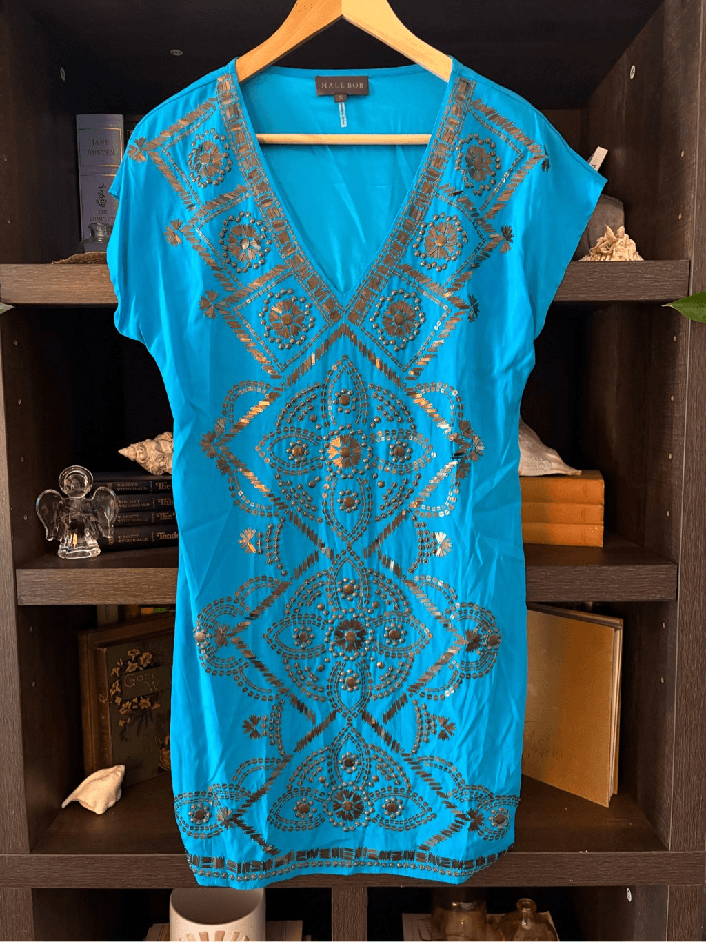 NWT Hale Bob Teal Blue Beaded V-Neck Silk Blend Mini Dress Size Small