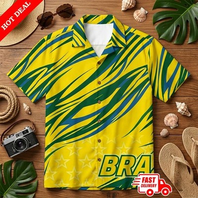 Men Brazil Flag Hawaiian Shirt Aloha Short Sleeve Button Down Tropical Beach