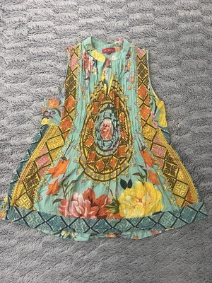 DERHY Boho Chic Bluse 100% Baumwolle - Ethno Blumenmuster - M - Vintage Y2K