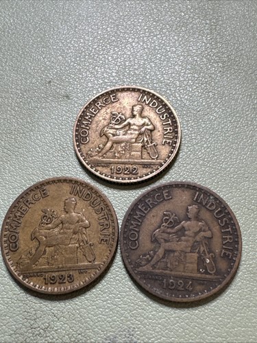 1922-1924 French 1 Franc Coins France Lot Of 3, Different Dates Partial Set