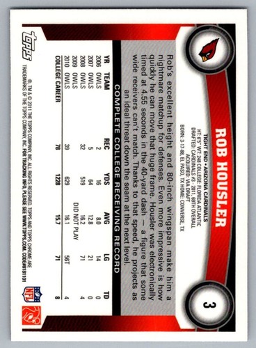 2011 Topps Chrome Rob Housler Rookie Arizona Cardinals #3 - Picture 2 of 2