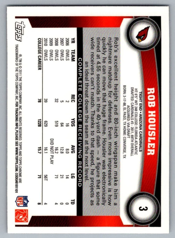 2011 Topps Chrome Rob Housler Rookie Arizona Cardinals #3 - Image 2 of 2