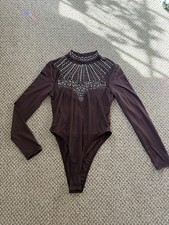 Women  s Brown Rhinestone Bodysuit with Long Sleeves and Mock Neck Size Medium