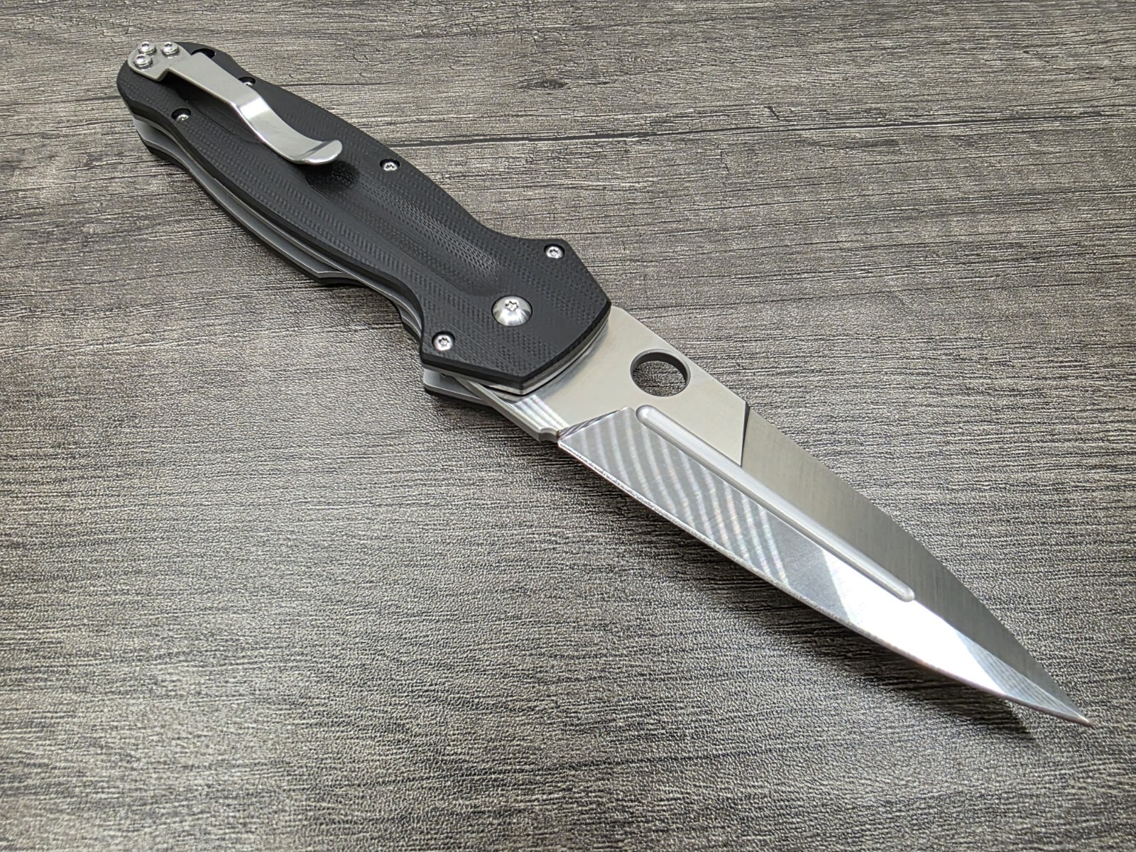 Unmarked 9" Spearpoint Folding Knife 8CR13MOV Steel & Black G10 Fiber Handle