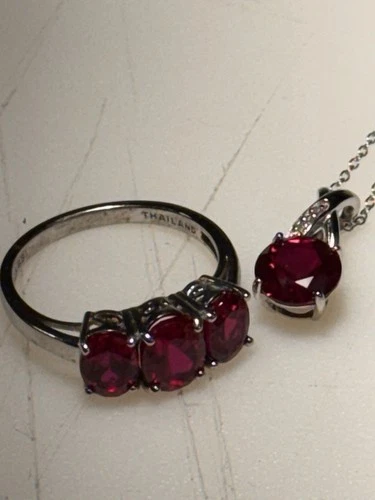 925 Sterling Silver Ruby Red Stone Ring & Pendant Necklace Set Thailand Vintage