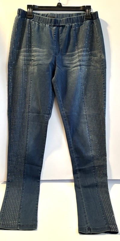 Vocal Studded Denim Leggings Jeans NWT Large Blue Stretch Pull On Rhinestone