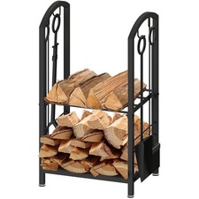 Fireside Indoor Log Rack Large Vintage Black Wood Burner Basket Stand With Tools