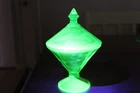 Cambridge? Green Depression Uranium Green Glass Etched Floral Candy Jar w/ Lid