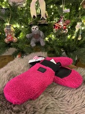 Ugg Womens Sherpa Fleece Mittens Gloves Soft Logo Patch Neon Pink Size L XL