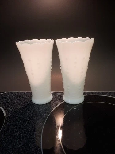 Lot of 2 Vtg.  Teardrop & Pearl Scalloped Milk Glass Vases 7"