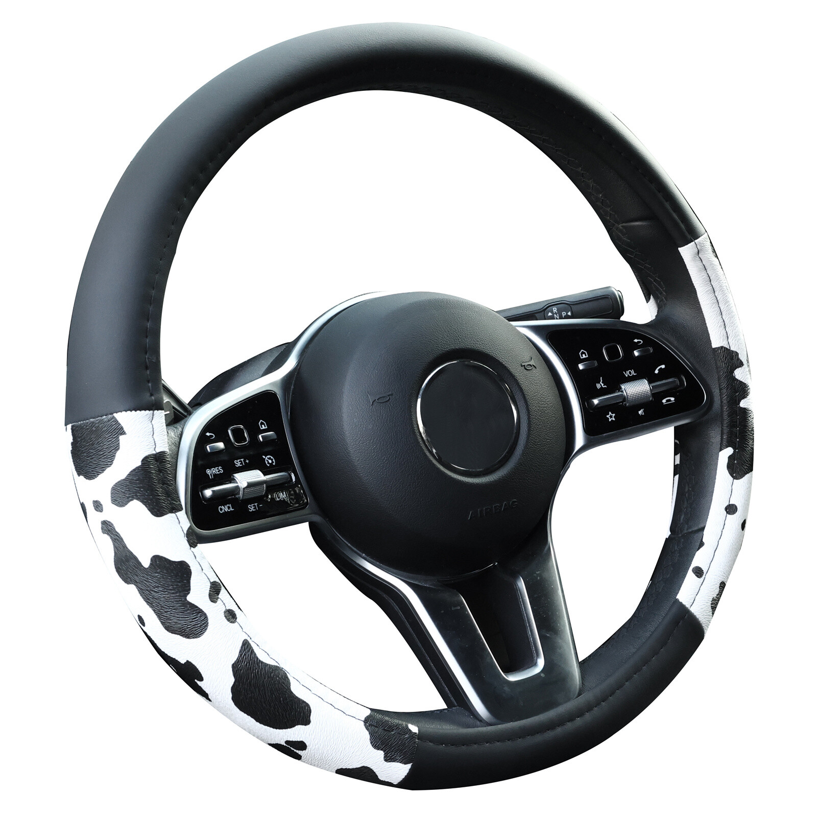 Car Steering Wheel Cover Black Leather Cow Print Anti-slip Accessories Universal