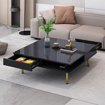High Gloss Coffee Table Square Center Cocktail Table w/ 2 Storage Drawer
