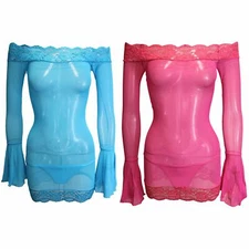 Set of 2 Flirtzy Sexy Sheer Mesh Bell Sleeve Mini Dress and Thong Lingerie