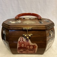 Vintage Decoupage Wooden Purse Bakelite Handle 1970  s