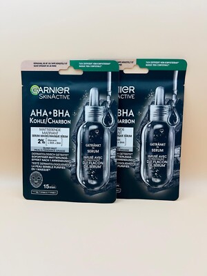 2X Garnier SkinActive AHA+BHA Kohle Mattierende Serum-Tuchmaske 28g Vegan *NEU*