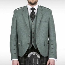 Men's Lovat Green Argyle Jacket With Waistcoat Wool Highlander Kilt Jacket