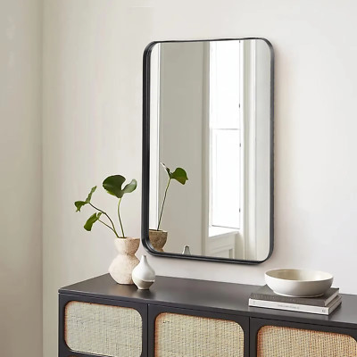 Large Rectangle Vanity Mirror, Matte Metal Frame, Modern Tempered Glass for Wall