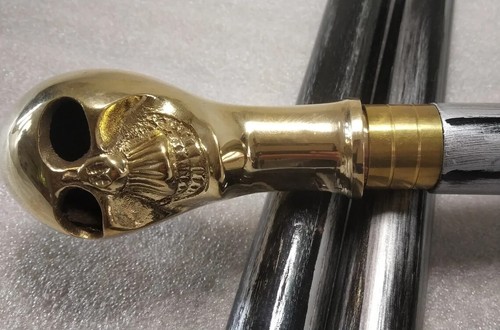 Gothic Skull Head Handle Brass Wooden Walking Stick - Picture 3 of 6