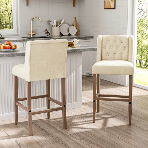 2PC Bar Stools Linen Fabric Backrest Breakfast Stool Kitchen Pub Chair Barstools - Picture 16 of 23