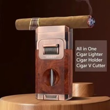 Deluxe Cigar Lighter with V Shape Cutter Cigar Holder Dual Nozzle Flame Lighters